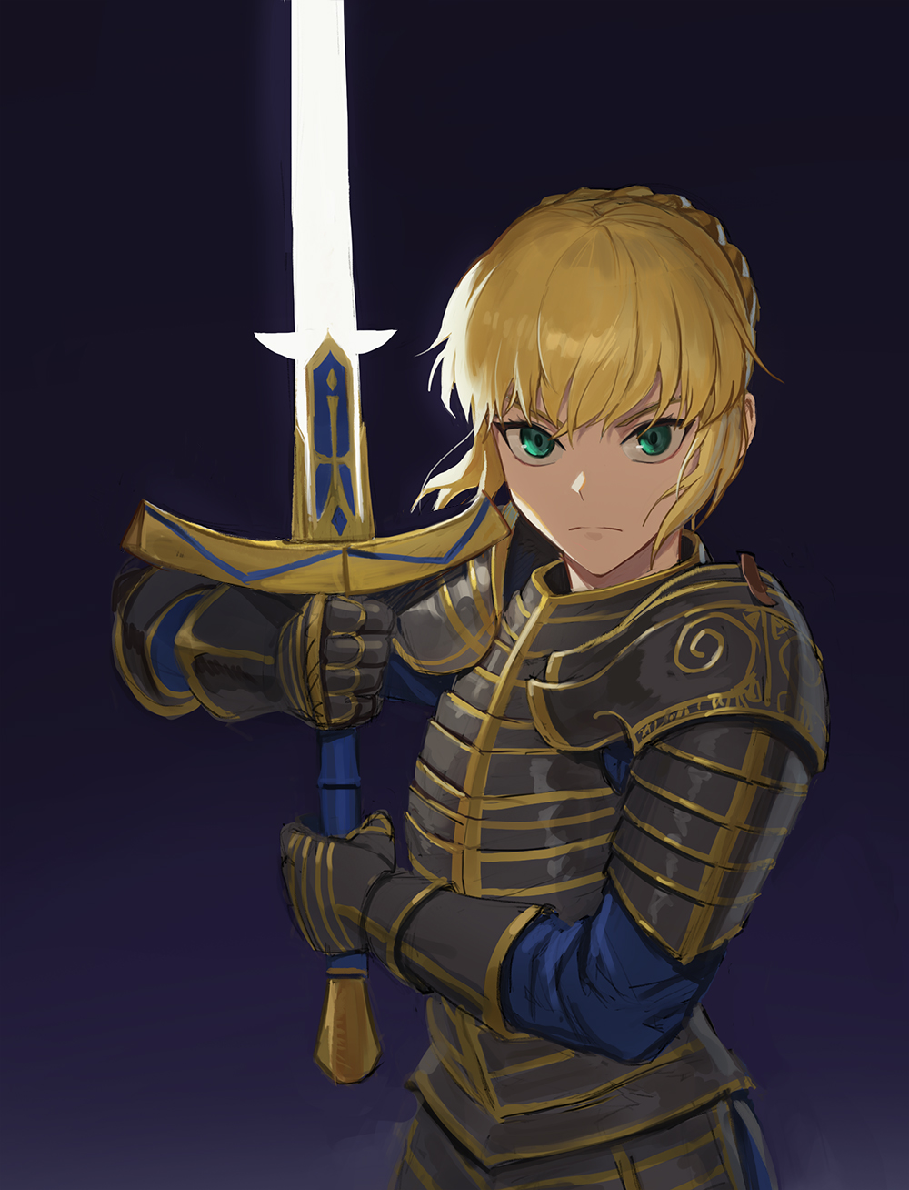 1girl armor artoria_pendragon_(all) blonde_hair breastplate fate/stay_night fate_(series) gauntlets green_eyes hair_between_eyes hair_bun highres holding holding_sword holding_weapon jason_kim looking_at_viewer plate_armor saber solo sword weapon