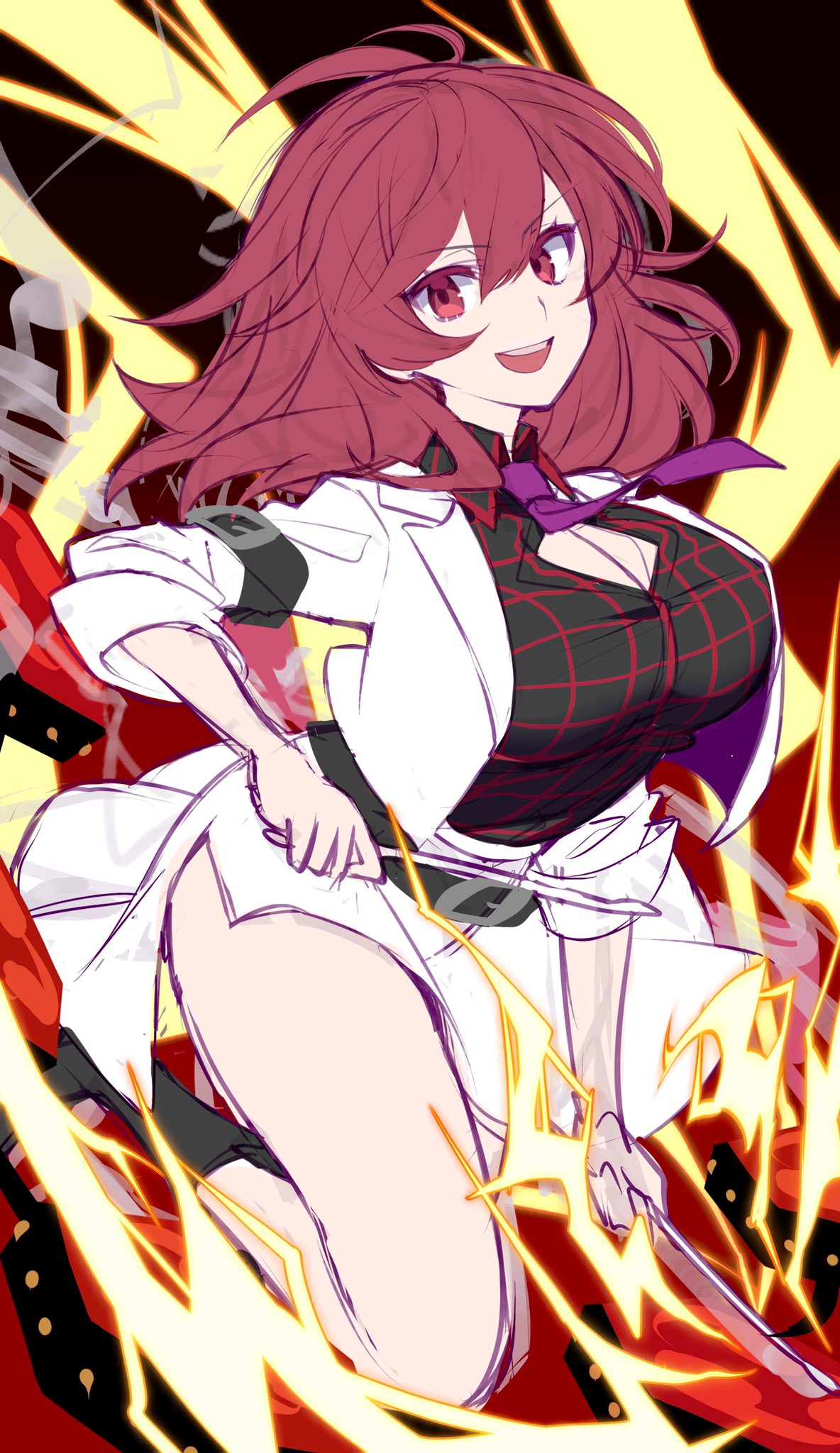 1girl :d arm_belt bangs belt black_footwear black_shirt boots breasts dark_background drumsticks electricity eyebrows_visible_through_hair full_body gradient gradient_background hair_between_eyes highres holding holding_drumsticks horikawa_raiko kuroshirase large_breasts long_hair looking_at_viewer necktie open_mouth plaid plaid_shirt purple_neckwear red_background red_eyes redhead shirt simple_background sketch skirt sleeves_past_elbows sleeves_rolled_up smile solo touhou white_shirt white_skirt