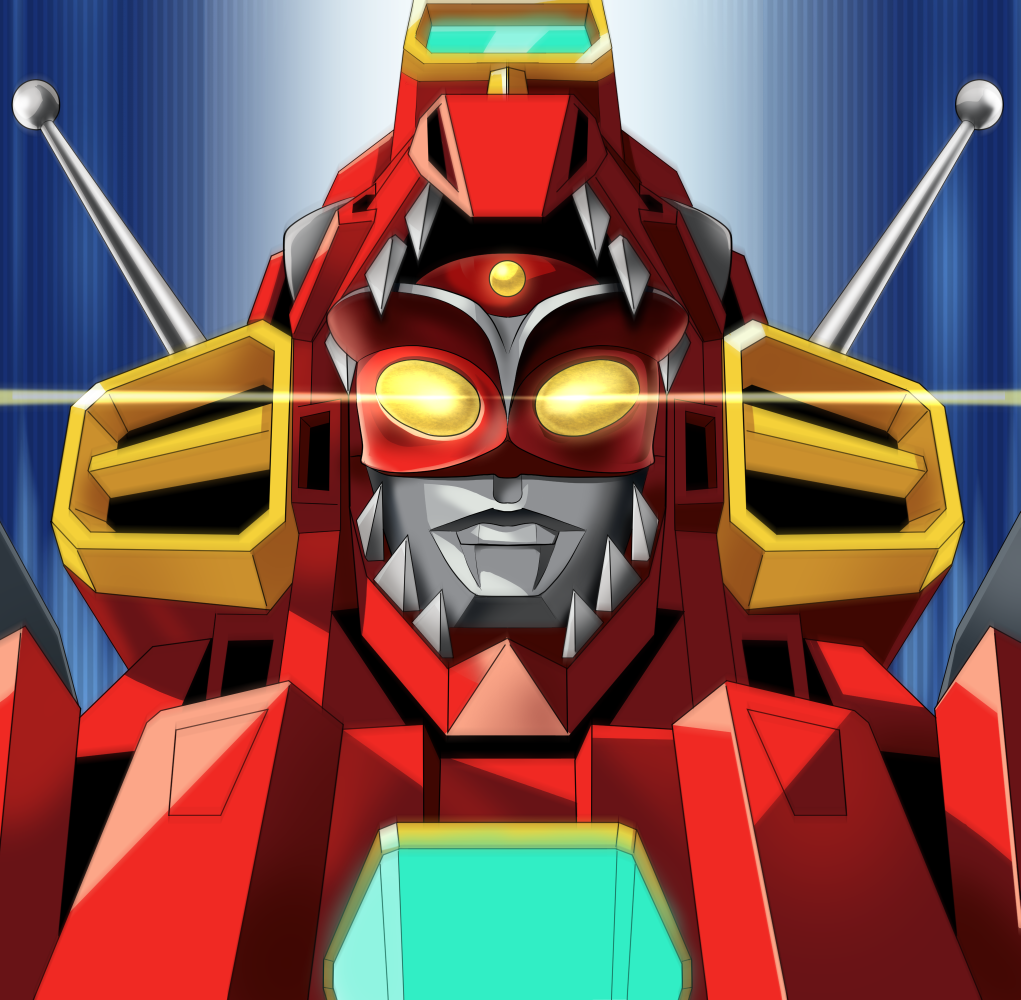 1boy antennae company_connection crossover dynazenon_(character) fusion giant glowing glowing_eyes male_focus mecha no_humans open_mouth parody redman redman_(character) ssss.dynazenon tk8d32 tokusatsu upper_body