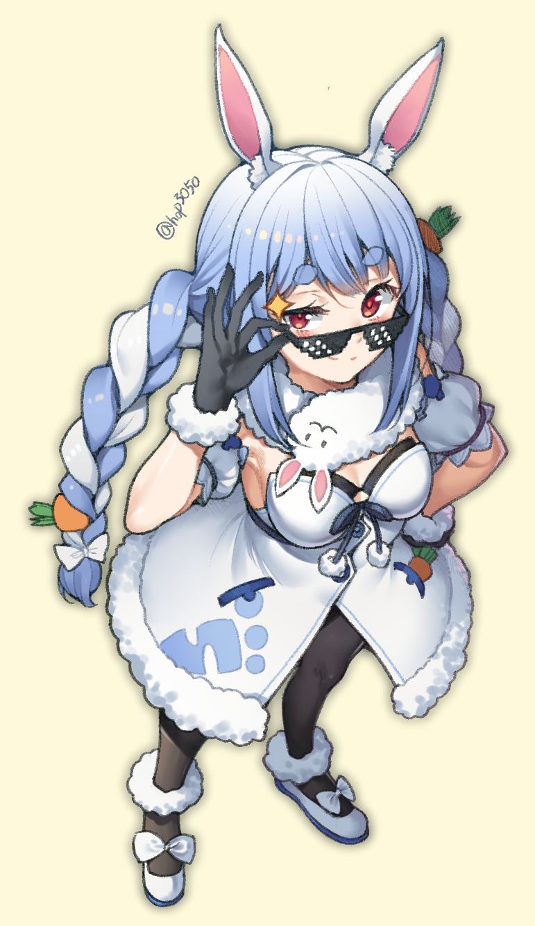 1girl animal_ear_fluff animal_ears ankle_garter artist_name bangs black_gloves black_legwear blue_hair bow braid breasts carrot_hair_ornament clothing_cutout coat deal_with_it detached_sleeves don-chan_(usada_pekora) eyebrows_visible_through_hair food_themed_hair_ornament fur-trimmed_coat fur-trimmed_gloves fur_scarf fur_trim garters gloves hair_ornament hand_on_hip highres hololive hololive_fantasy hop3 long_hair looking_at_viewer multicolored_hair open_mouth orange_eyes pantyhose pom_pom_(clothes) puffy_short_sleeves puffy_sleeves rabbit_ears rabbit_girl ribbon scarf short_eyebrows short_sleeves simple_background smile solo sparkle strapless_coat sunglasses thick_eyebrows twin_braids twintails twitter_username two-tone_hair underboob_cutout usada_pekora virtual_youtuber white_coat white_footwear white_hair white_scarf white_sleeves