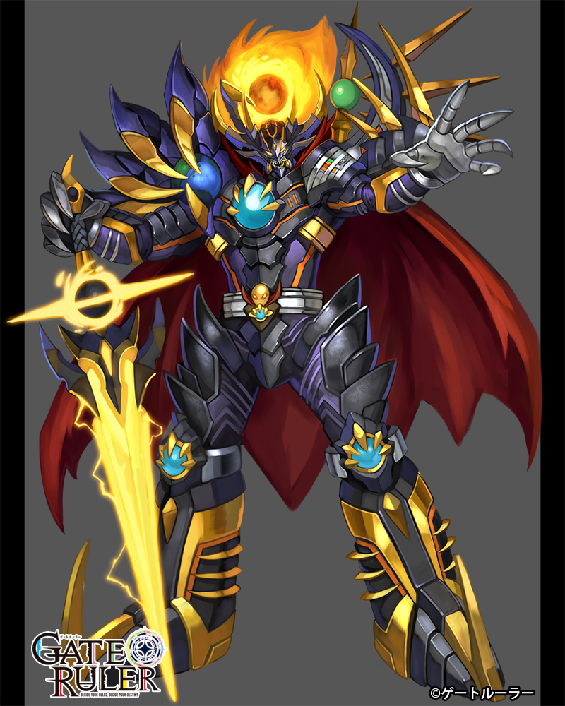 diacto fiery_hair gate_ruler grey_background holding holding_sword holding_weapon looking_to_the_side mecha no_humans official_art open_hand open_mouth science_fiction sharp_teeth shousuke_(skirge) solo sword teeth weapon yellow_eyes