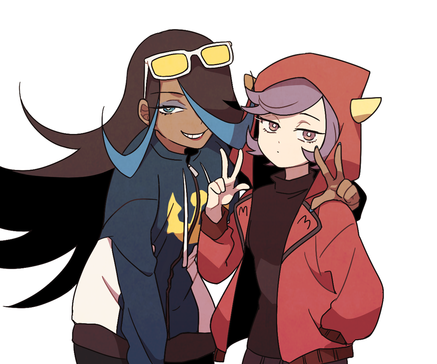 2girls alternate_costume blue_hair bright_pupils brown_hair closed_mouth courtney_(pokemon) dark_skin dark-skinned_female eyelashes eyeshadow fake_horns grey_eyeshadow hair_over_one_eye hand_up hood hooded_jacket horns jacket lipstick long_hair looking_at_viewer makeup multicolored_hair multiple_girls open_clothes open_jacket pokemon pokemon_(game) pokemon_oras shelly_(pokemon) smile ssalbulre sunglasses team_aqua team_magma teeth two-tone_hair w white-framed_eyewear yellow-tinted_eyewear zipper_pull_tab