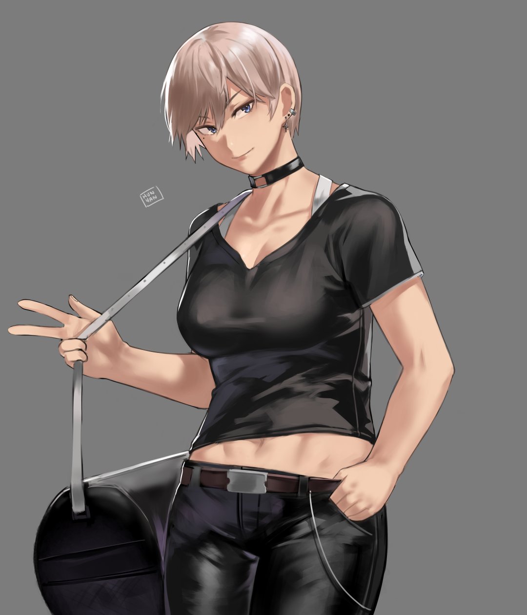 1girl bag belt black_shirt blue_eyes choker cowboy_shot ear_piercing grey_background grey_hair hand_on_hip highres holding_strap hun_yan leather leather_pants looking_at_viewer midriff_peek mole mole_under_eye navel original pants piercing shirt short_hair short_sleeves signature smile solo