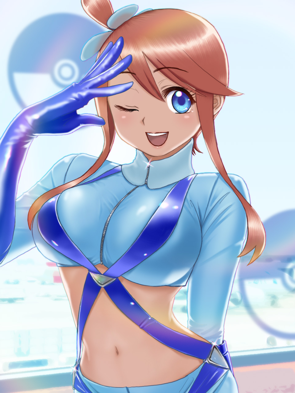 1girl ;d arm_behind_back arm_up bangs belt blue_belt blue_eyes blue_gloves blue_jacket blue_shorts blush breasts brown_hair commentary_request cowboy_shot crop_top cropped_jacket elbow_gloves eyebrows eyebrows_visible_through_hair eyelashes gloves gym_leader hadairo_rainbow hair_between_eyes hair_ornament highres jacket large_breasts long_sleeves looking_at_viewer midriff navel one_eye_closed one_side_up open_mouth poke_ball_symbol pokemon pokemon_(game) pokemon_bw short_hair_with_long_locks short_shorts shorts sidelocks skyla_(pokemon) smile solo sparkle standing swept_bangs upper_teeth zipper