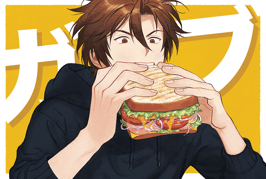 1boy black_shirt brown_eyes brown_hair cheese eating food food_focus hair_between_eyes jinkichi lettuce long_sleeves meat otegine sandwich shirt solo tomato touken_ranbu