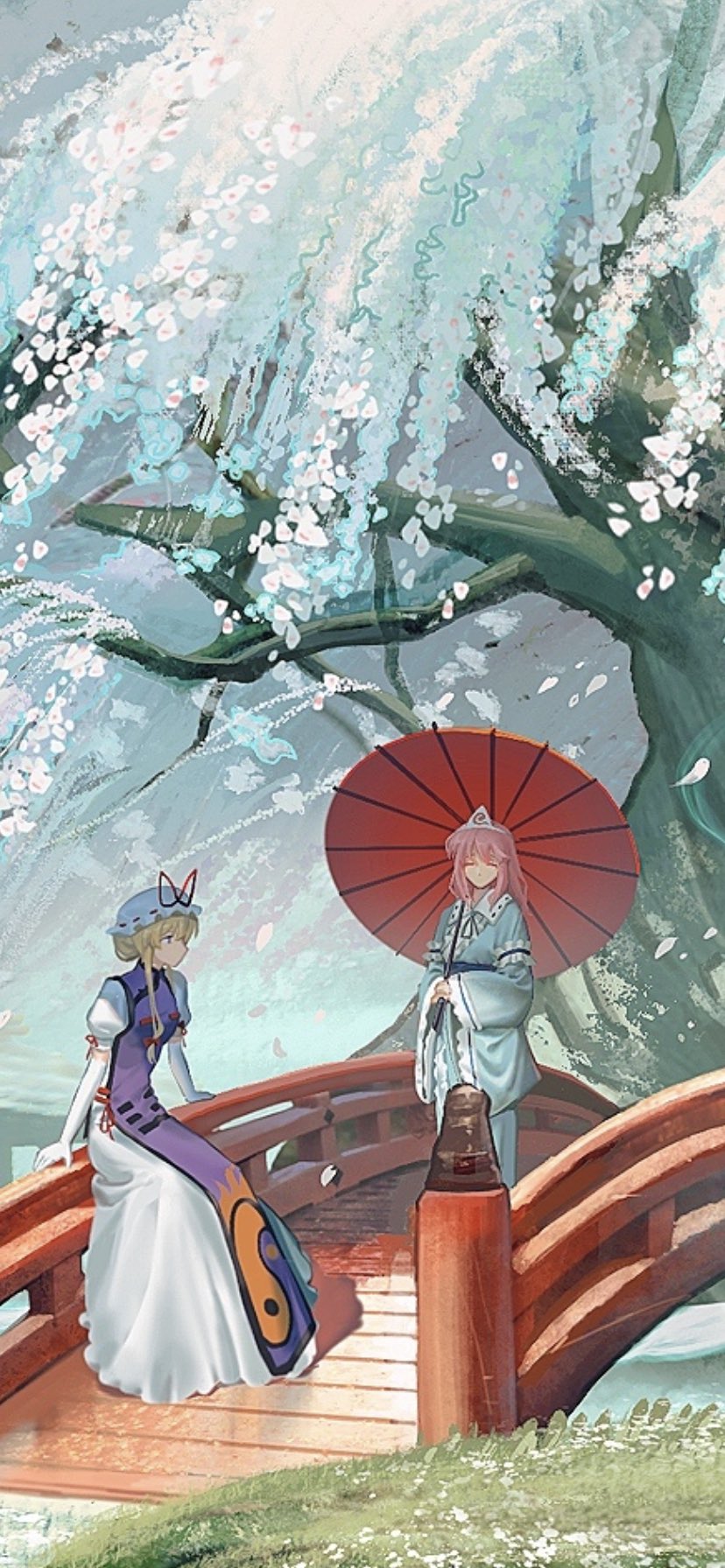 ^_^ blonde_hair blue_kimono bridge cherry_blossoms closed_eyes dress elbow_gloves frilled_dress frilled_kimono frills ghost gloves hakugyokurou hat hat_ribbon highres hitodama holding holding_umbrella japanese_clothes kimono long_sleeves looking_at_another medium_hair mob_cap obi parasol perfect_cherry_blossom pink_hair puffy_short_sleeves puffy_sleeves red_ribbon ribbon saigyouji_yuyuko sash shadow short_sleeves sitting standing tabard touhou tree triangular_headpiece trigram umbrella violet_eyes wavy_hair white_dress wide_sleeves yakumo_yukari yin_yang yin_yang_print you33ou