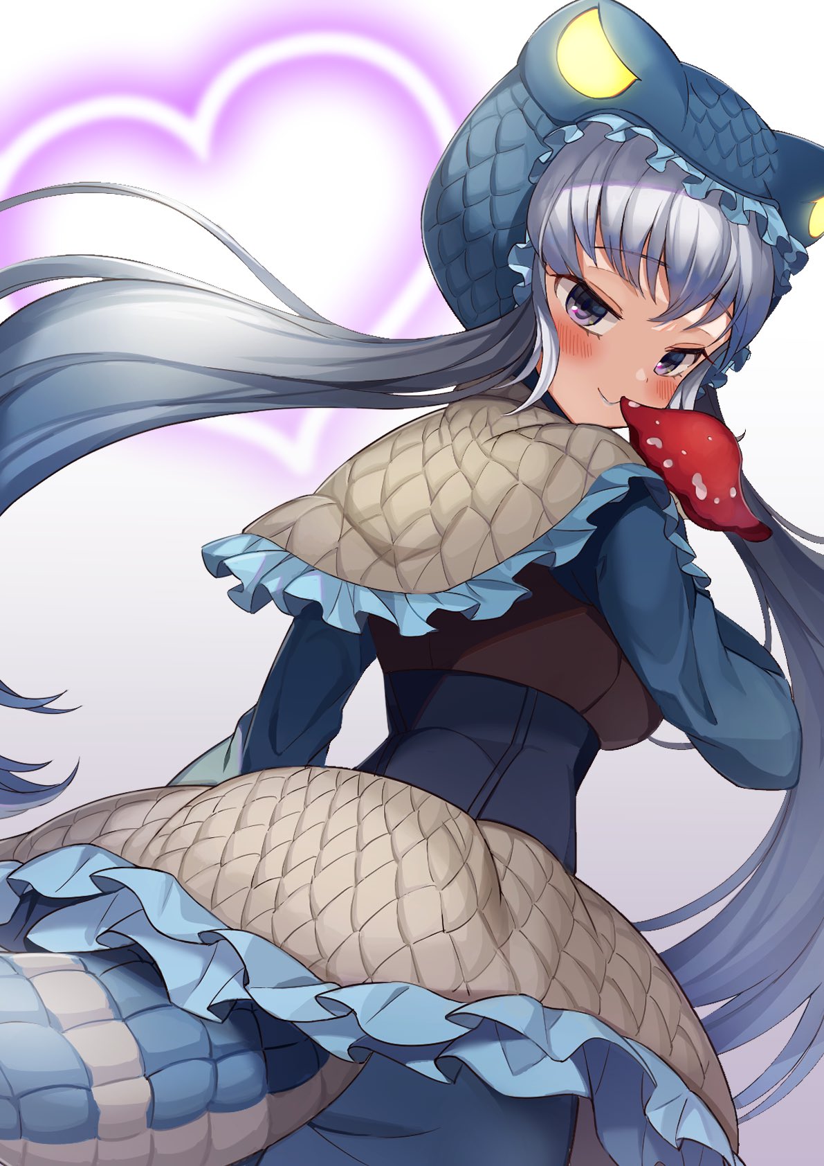 1girl arm_at_side bangs bloomers blouse blue_lips blush capelet closed_mouth corset cowboy_shot dutch_angle eyebrows_visible_through_hair floating_hair frilled_capelet frilled_skirt frills from_behind glowing grey_hair heart highres hood hood_up hooded_capelet kamuraaa_615 kemono_friends komodo_dragon_(kemono_friends) komodo_dragon_tail lipstick lizard_tail long_hair long_sleeves looking_at_viewer looking_back makeup mushroom scales skirt smile solo tail twintails underwear very_long_hair violet_eyes