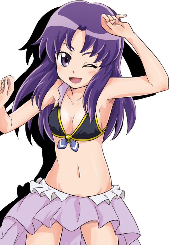 1girl adapted_costume bikini bikini_skirt bikini_top breasts commentary_request cure_fortune happinesscharge_precure! hikawa_iona long_hair looking_at_viewer medium_breasts niita one_eye_closed open_mouth precure purple_hair simple_background smile swimsuit