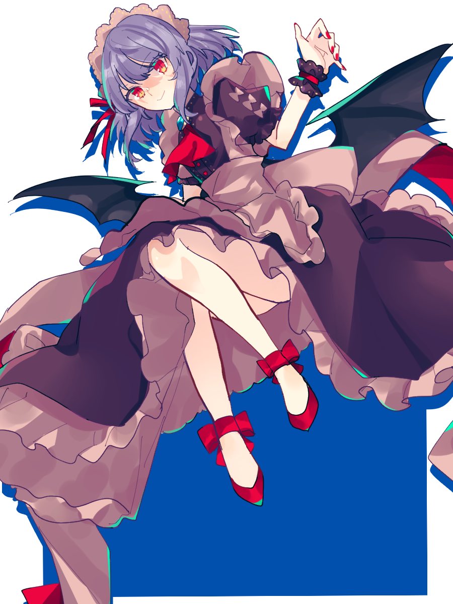 1girl alternate_color alternate_costume apron bat_wings black_dress blue_hair bow brooch commentary_request dress drop_shadow enmaided full_body hand_up highres jewelry maid maid_headdress medium_hair miko_(miko030751) red_eyes red_footwear red_nails red_neckwear red_ribbon remilia_scarlet ribbon shoes short_sleeves smile solo touhou white_background wings wrist_cuffs