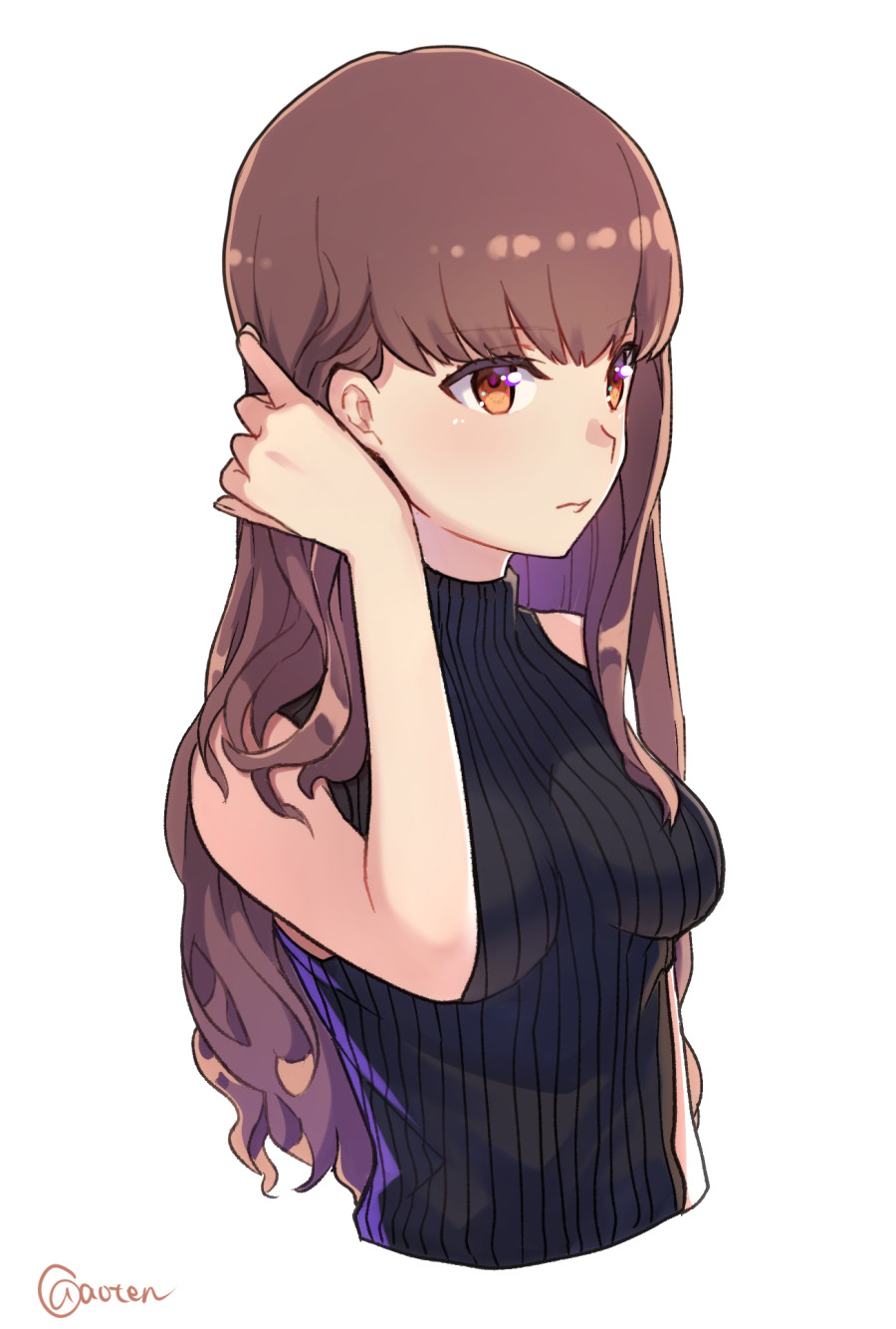 1girl adjusting_hair aoten_(aoiroarekore) bare_shoulders black_sweater breasts breasts_apart brown_eyes brown_hair closed_mouth cropped_torso eyebrows eyebrows_visible_through_hair eyelashes fate/extra fate_(series) highres kishinami_hakuno_(female) long_hair medium_breasts ribbed_sweater shiny shiny_hair simple_background sleeveless_sweater solo straight_hair sweater turtleneck turtleneck_sweater twitter_username very_long_hair white_background