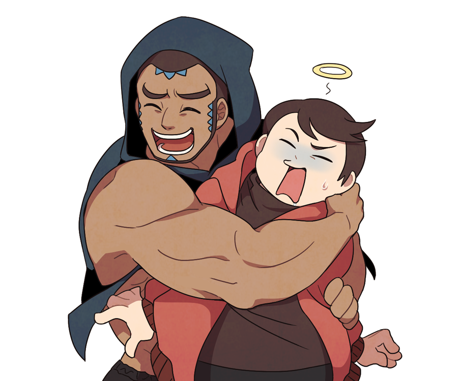 2boys alternate_costume brown_hair brown_shirt clenched_hand closed_eyes dark_skin dark_skinned_male facial_hair halo hug hug_from_behind jacket long_sleeves male_focus matt_(pokemon) multiple_boys muscular muscular_male open_clothes open_jacket open_mouth pokemon pokemon_(game) pokemon_oras red_jacket shirt short_hair simple_background smile ssalbulre sweatdrop tabitha_(pokemon) team_aqua team_magma teeth tongue white_background |d