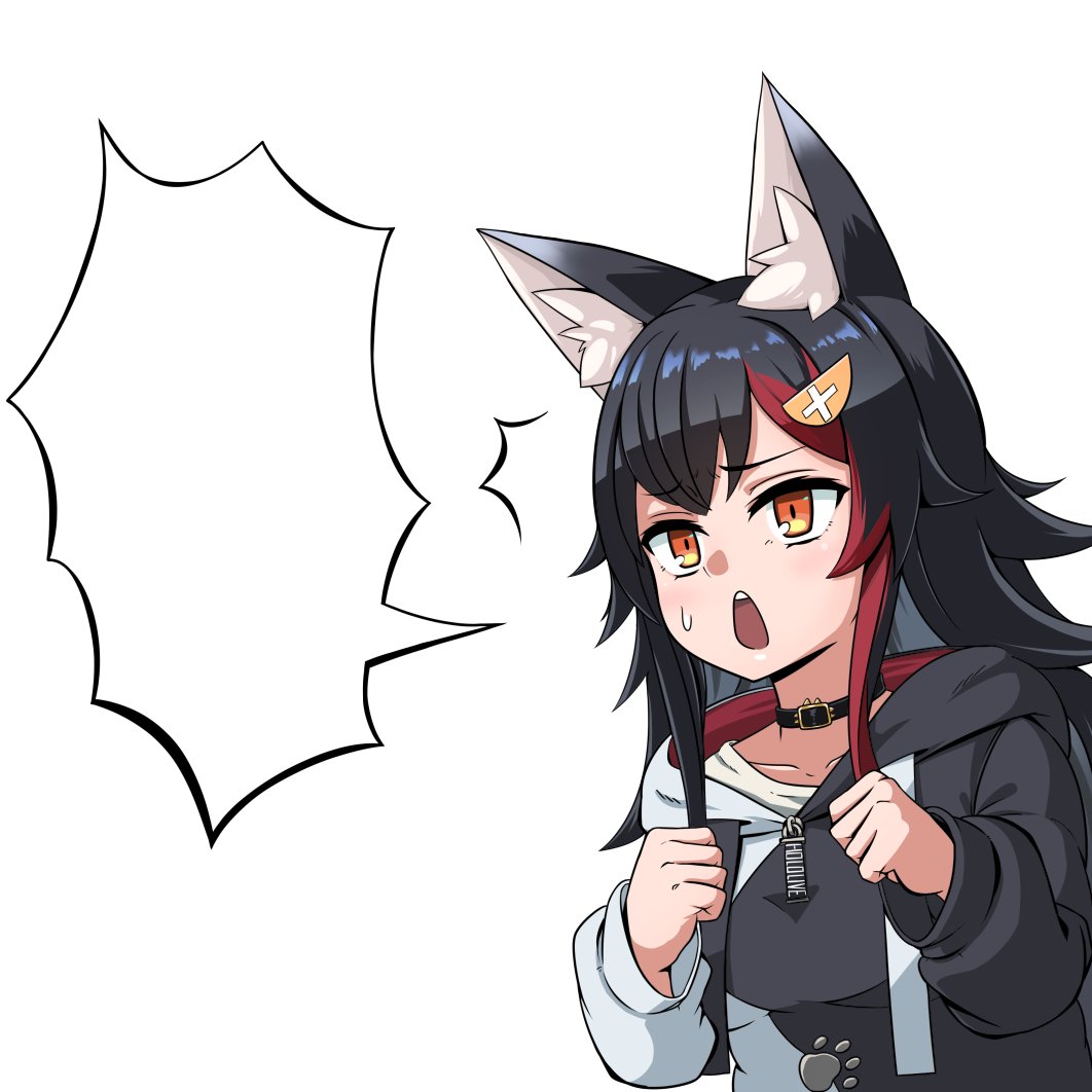 1girl animal_ear_fluff animal_ears black_hair blank_speech_bubble hair_ornament highlights hololive hood hood_down hoodie long_hair long_sleeves multicolored_hair ookami_mio paw_print redhead rutinandina speech_bubble sweatdrop template wolf_ears