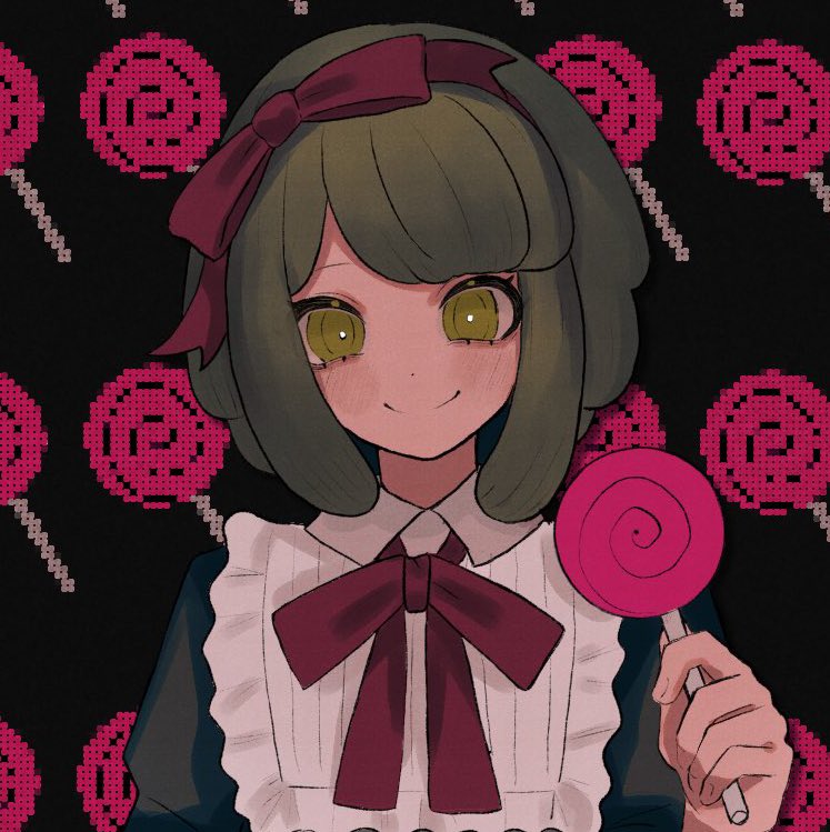 1girl bangs black_background blunt_bangs blush bow candy closed_mouth collared_shirt commentary_request dangan_ronpa_(series) dangan_ronpa_another_episode:_ultra_despair_girls food green_eyes green_hair hair_bow hairband holding lollipop long_sleeves looking_at_viewer red_hairband ribbon seunohala shirt short_hair smile solo towa_monaka upper_body