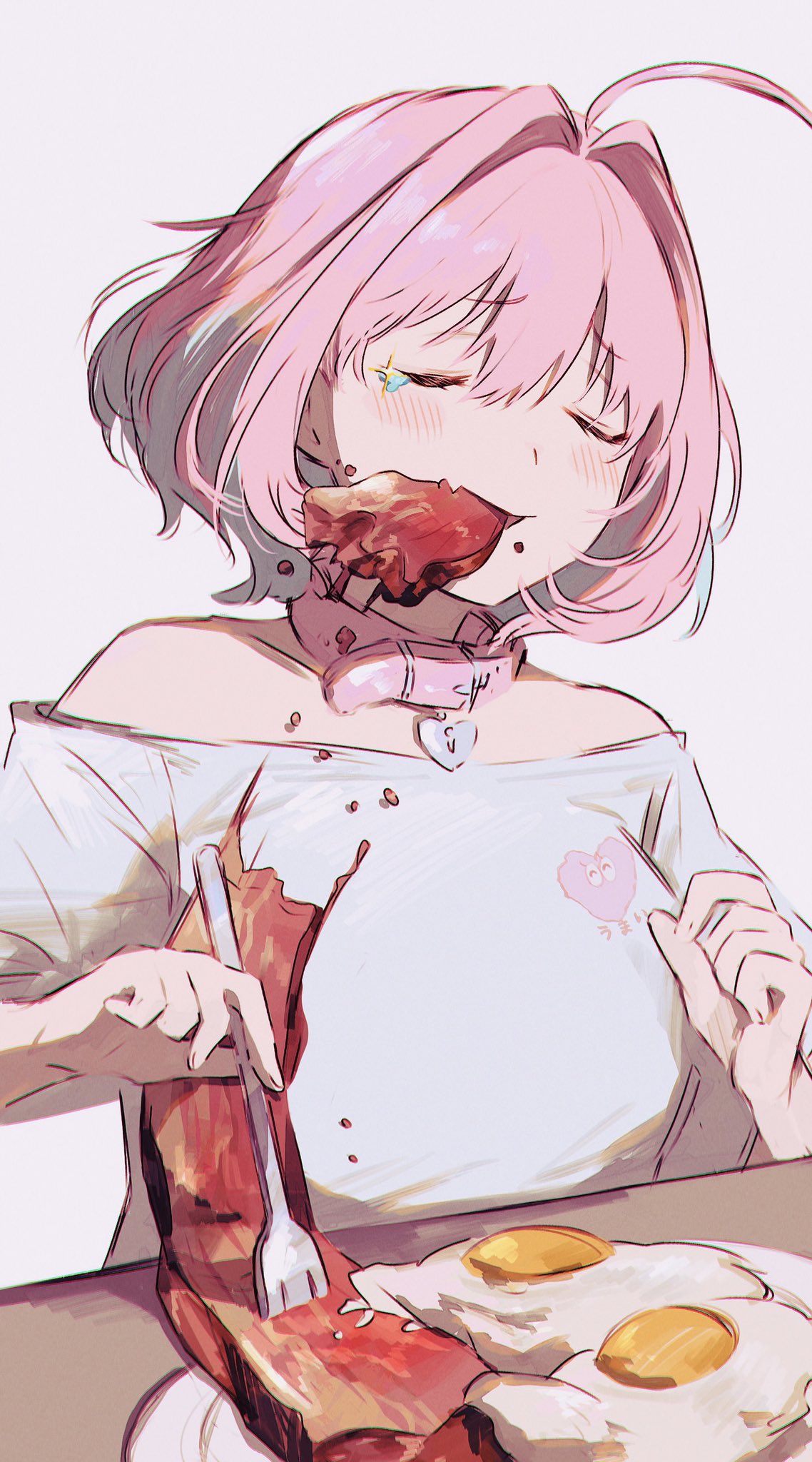 1girl ahoge bangs bare_shoulders breasts closed_eyes collar eating eyebrows_visible_through_hair fang food food_on_face fork grey_background hair_between_eyes hamachamu hands_up heart heart-shaped_lock highres holding holding_fork idolmaster idolmaster_cinderella_girls meat mouth_hold multicolored_hair pink_hair raised_eyebrows shirt short_hair short_sleeves simple_background skin_fang solo sparkle tearing_up two-tone_hair upper_body white_shirt yumemi_riamu