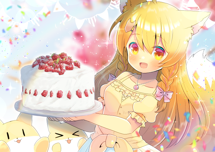 &gt;_&lt; 1girl :d animal animal_ear_fluff animal_ears bangs bare_shoulders blonde_hair blurry blurry_background bow braid cake closed_eyes collarbone commentary_request depth_of_field eyebrows_visible_through_hair food fox fox_ears fox_girl fox_hair_ornament fox_tail fruit hair_between_eyes hair_bow hair_ornament hairclip holding indie_virtual_youtuber jewelry kinetsuki_noa kouu_hiyoyo long_hair off-shoulder_shirt off_shoulder open_mouth pendant pennant pink_bow puffy_short_sleeves puffy_sleeves red_eyes shirt short_sleeves side_braids skirt smile solo strawberry string_of_flags tail tail_raised twin_braids very_long_hair white_skirt xd yellow_shirt