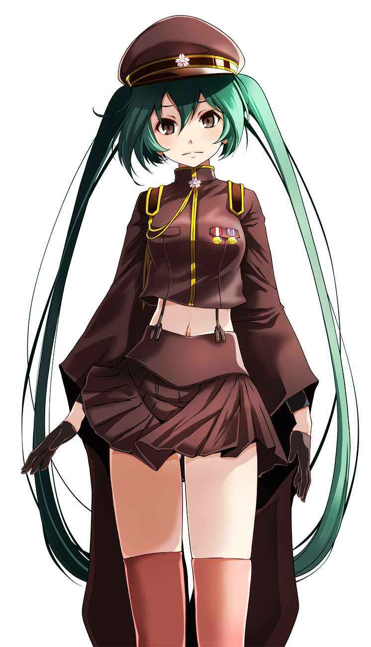 1girl aqua_hair black_gloves brown_eyes brown_headwear brown_shirt brown_skirt closed_mouth crop_top gloves hair_between_eyes hatsune_miku highres long_hair long_sleeves looking_at_viewer midriff military military_uniform navel pink_legwear pleated_skirt senbon-zakura_(vocaloid) shirt simple_background skirt solo standing stomach suspender_skirt suspenders thigh-highs thigh_gap tsukishiro_saika twintails uniform very_long_hair vocaloid white_background