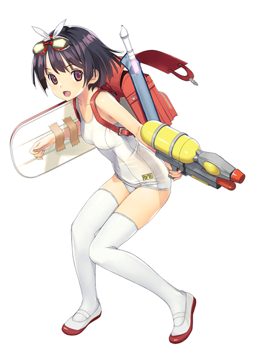 1girl :d backpack bag bangs bare_shoulders black_hair breasts brown_eyes commentary_request eyebrows_visible_through_hair full_body glowing goggles goggles_on_head hair_ribbon holding instrument kickboard koutaro looking_at_viewer old_school_swimsuit one-piece_swimsuit open_mouth original outstretched_arm randoseru recorder ribbon school_swimsuit shoes simple_background small_breasts smile solo standing swimsuit tape thigh-highs uwabaki water_gun white_background white_footwear white_legwear white_ribbon white_swimsuit