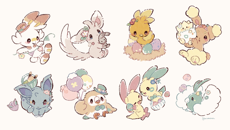 ;o balloon blush buneary bunnelby character_doll closed_mouth drifloon egg gen_1_pokemon gen_2_pokemon gen_3_pokemon gen_4_pokemon gen_5_pokemon gen_6_pokemon gen_7_pokemon gen_8_pokemon green_headwear hat hatted_pokemon holding igglybuff minccino minun nidoran nidoran_(female) no_humans one_eye_closed plusle pokemon pokemon_(creature) rowlet scorbunny signature smile swablu toes togepi torchic yurano_(upao)