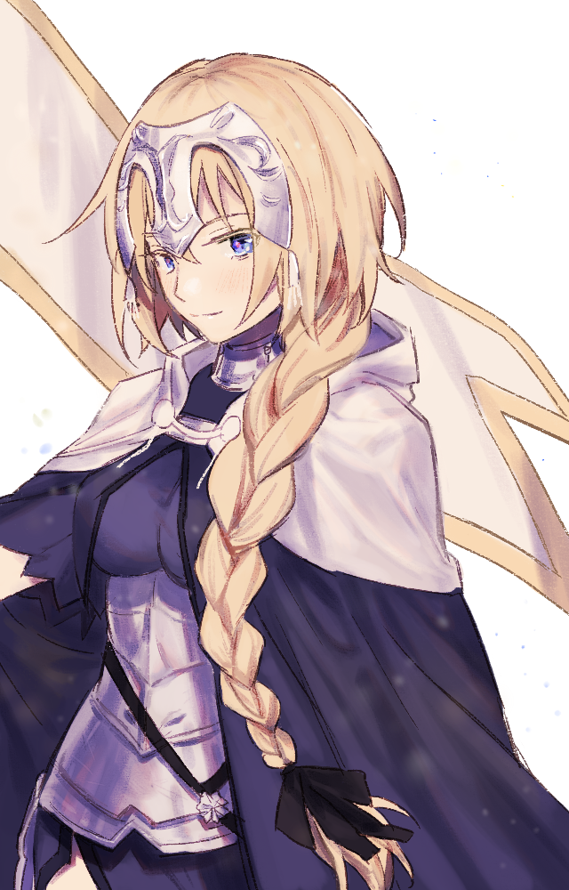 1girl armor armored_dress blonde_hair braid braided_ponytail breasts capelet cloak fate/apocrypha fate/grand_order fate_(series) flag hair_ribbon headpiece ichigawa_(lethe) jeanne_d'arc_(fate) jeanne_d'arc_(fate)_(all) long_hair looking_at_viewer ribbon simple_background solo white_background yellow_eyes