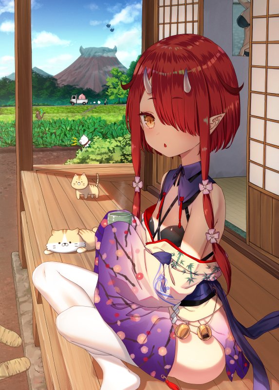 1girl cat commentary cup dog floral_print ground_vehicle hoozuki_warabe horns japanese_clothes kimono motor_vehicle mountain mountainous_horizon noripro official_art oni oni_horns outdoors pointy_ears poster_(object) redhead sandals sandals_removed shouji sky sliding_doors socks tree truck virtual_youtuber yasuyuki yellow_eyes