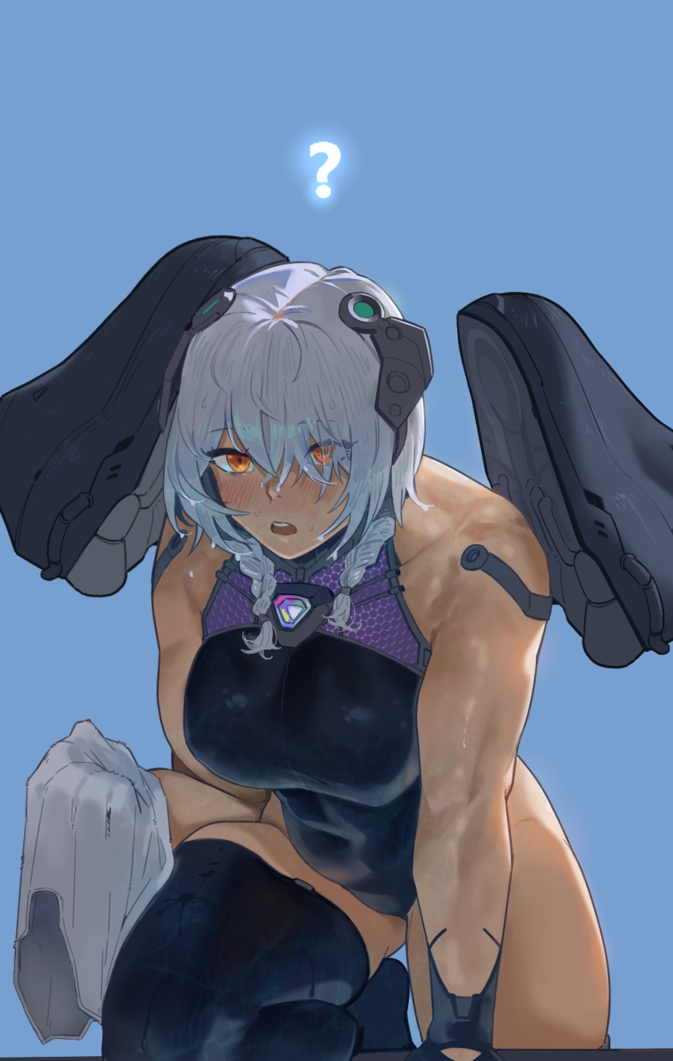 1girl ? black_legwear blue_background blush braid breasts character_request headgear highleg highleg_swimsuit highres hong_doo last_origin looking_at_viewer muscular muscular_female open_mouth orange_eyes silver_hair simple_background solo swimsuit thigh-highs twin_braids wet wet_hair