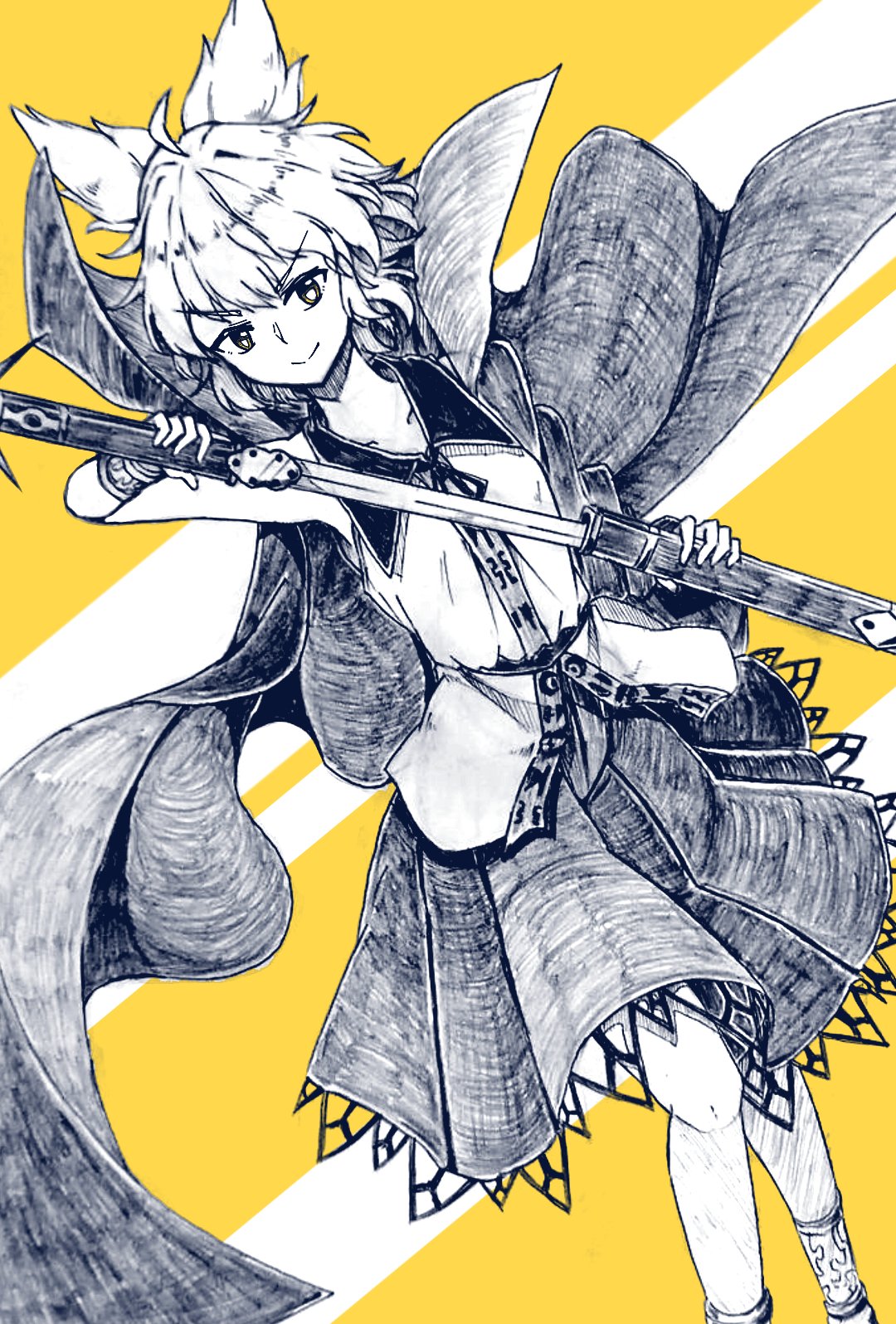 1girl bangs blouse bracelet cape closed_mouth dutch_angle eyebrows_visible_through_hair feet_out_of_frame greyscale gurajio highres holding holding_sword holding_weapon jewelry looking_at_viewer monochrome orange_background pointy_hair sailor_collar sheath short_hair skirt sleeveless_blouse smile solo standing striped striped_background sword touhou toyosatomimi_no_miko unsheathing v-shaped_eyebrows weapon