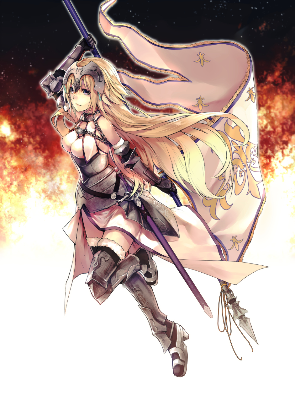 1girl applekun armor armored_boots armored_dress banner black_legwear blonde_hair blue_eyes boots breasts breasts_apart chain closed_mouth dress fate/apocrypha fate_(series) floating_hair full_body fur-trimmed_legwear fur_trim gauntlets headpiece highres holding jeanne_d'arc_(fate) jeanne_d'arc_(fate)_(all) leg_up long_hair medium_breasts shiny shiny_hair side_slit smile solo thigh-highs very_long_hair white_dress