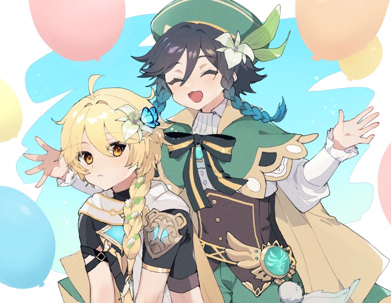 2boys aether_(genshin_impact) ahoge androgynous bangs beret black_hair blonde_hair blue_hair bow braid brooch bug butterfly cape closed_eyes collared_cape collared_shirt commentary_request corset eyebrows_visible_through_hair flower frilled_sleeves frills gem genshin_impact gradient_hair green_headwear hair_between_eyes hair_flower hair_ornament hat imoko_(imo_ss) insect jewelry leaf long_hair long_sleeves male_focus multicolored_hair multiple_boys open_mouth scarf shirt short_hair_with_long_locks simple_background smile twin_braids venti_(genshin_impact) vision_(genshin_impact) white_flower white_shirt yellow_eyes