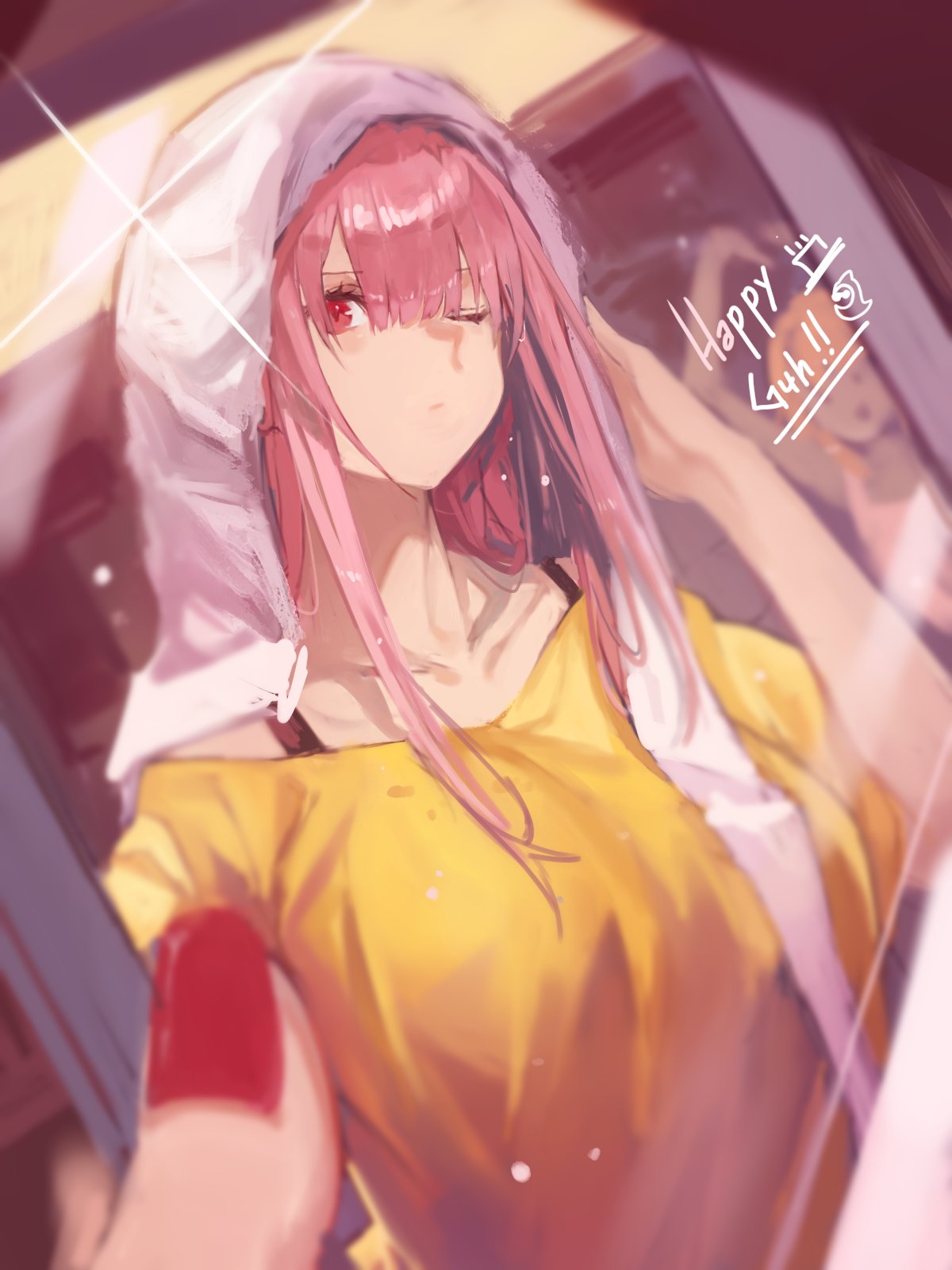 2girls bangs blurry bokeh collarbone depth_of_field dokuro_deluxe happy_birthday highres holding holding_mirror hololive hololive_english long_hair mirror mori_calliope multiple_girls nail_polish one_eye_closed pink_hair red_eyes red_nails reflection shirt t-shirt takanashi_kiara towel towel_on_head virtual_youtuber yellow_shirt