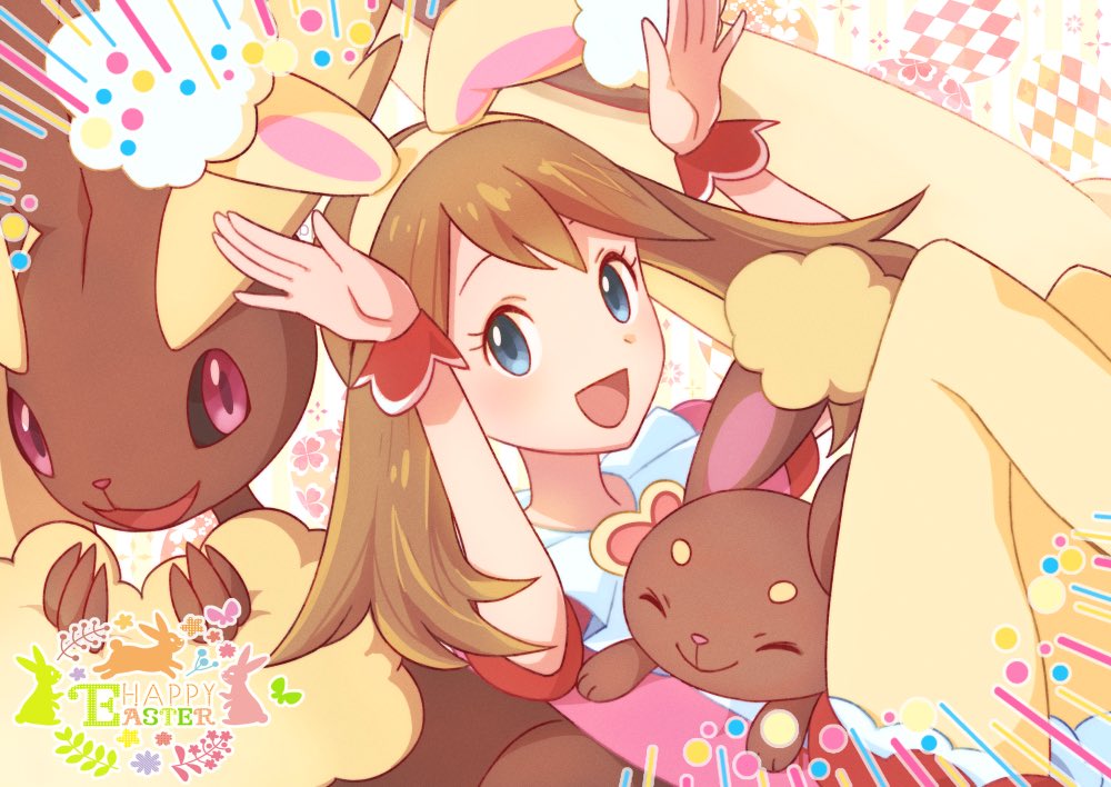 1girl :d animal_ears bangs brown_hair buneary commentary_request easter emphasis_lines eyelashes fake_animal_ears gen_4_pokemon grey_eyes hairband happy_easter long_hair looking_at_viewer lopunny may_(pokemon) open_mouth pantyhose pokemon pokemon_(creature) pokemon_(game) pokemon_masters_ex punico_(punico_poke) short_sleeves smile tongue wrist_cuffs yellow_hairband yellow_legwear