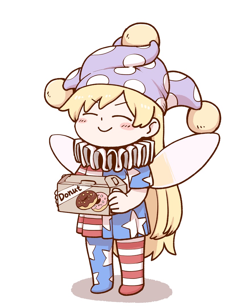 1girl american_flag_dress american_flag_legwear blonde_hair blush_stickers box closed_eyes clownpiece commentary_request doughnut fairy_wings food full_body hat holding jester_cap neck_ruff pastry_box polka_dot_headwear poronegi purple_headwear short_sleeves simple_background smile solo touhou white_background wings