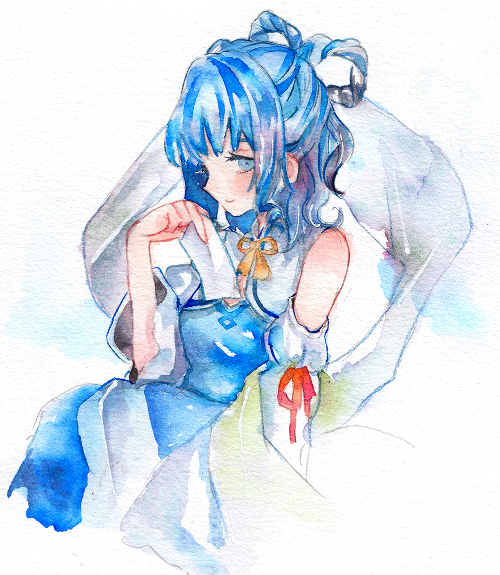 1girl alternate_costume bangs bare_shoulders between_fingers blue_dress blue_eyes blue_hair blush breasts closed_mouth commentary_request cropped_torso detached_sleeves dress eyebrows_behind_hair hagoromo hair_rings holding kaku_seiga light_smile looking_at_viewer medium_hair orange_neckwear profile red_ribbon ribbon sano_naoi shawl simple_background small_breasts solo tassel touhou upper_body white_background