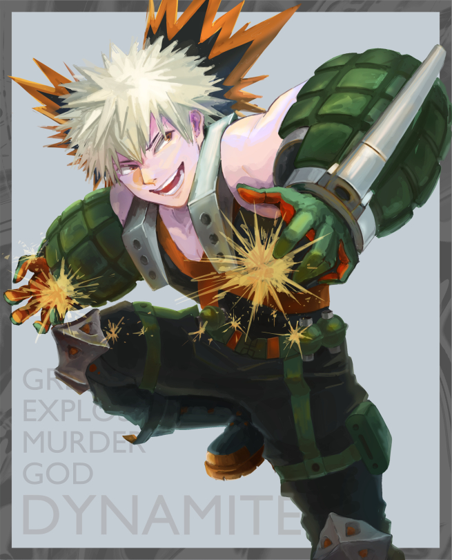 1boy :d bakugou_katsuki blonde_hair boku_no_hero_academia character_name gloves green_gloves grey_background looking_at_viewer male_focus nicame open_mouth orange_gloves red_eyes short_hair simple_background smile solo spark spiky_hair standing two-tone_gloves