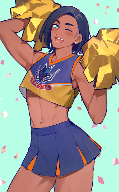 1boy abs alternate_costume bare_arms black_hair blue_eyes blue_skirt blush cheerleader commentary_request confetti crop_top crossdressinging dark_skin dark_skinned_male earrings holding holding_pom_poms jewelry looking_at_viewer male_focus miniskirt mj_(11220318) navel one_eye_closed open_mouth pleated_skirt pokemon pokemon_(game) pokemon_swsh pom_poms raihan_(pokemon) skirt sleeveless smile solo teeth tongue yellow_pom_poms