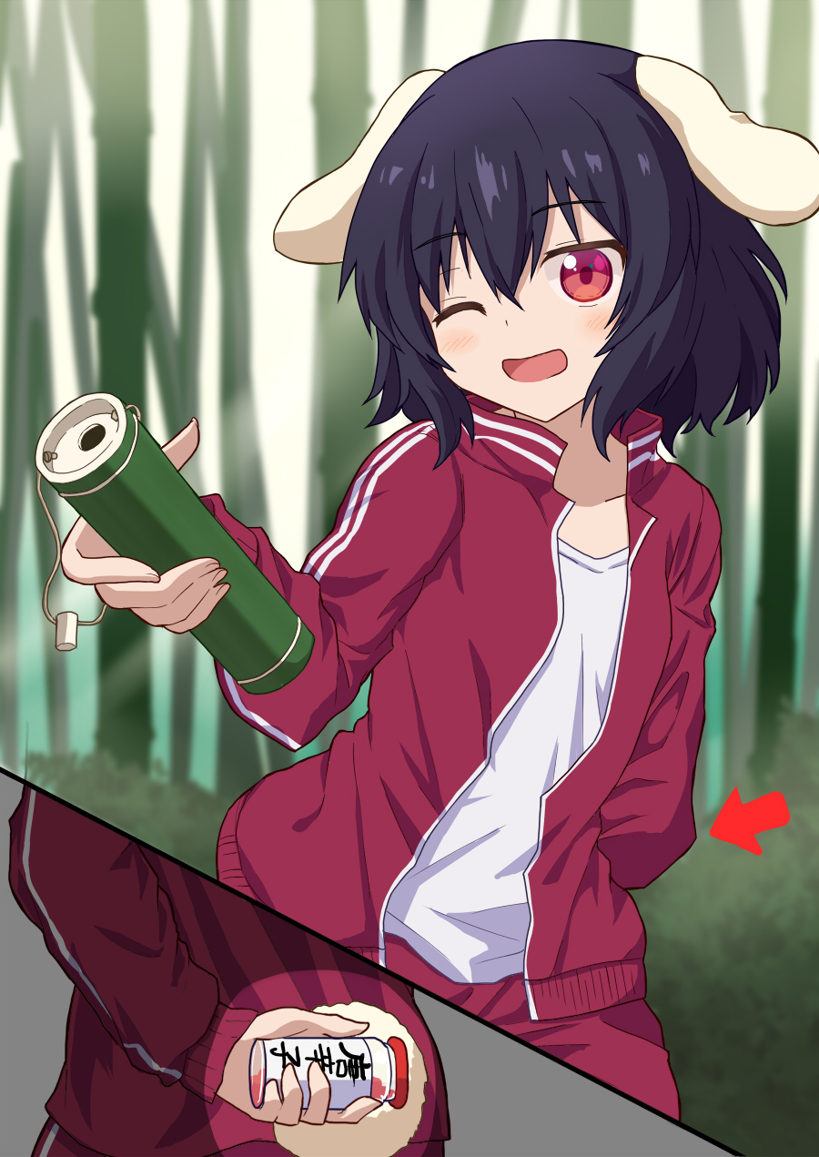 1girl alternate_costume animal_ears arm_behind_back arrow_(symbol) bamboo bamboo_forest black_hair blurry blurry_background bottle bunny_tail commentary_request contrapposto cowboy_shot day drink forest highres holding holding_bottle holding_drink inaba_tewi incoming_drink jacket leaning_to_the_side light_blush medicine_bottle multiple_views nature one_eye_closed open_mouth outdoors pants rabbit_ears red_eyes shirt short_hair solo standing sugiyama_ichirou tail touhou track_jacket track_pants translation_request white_shirt
