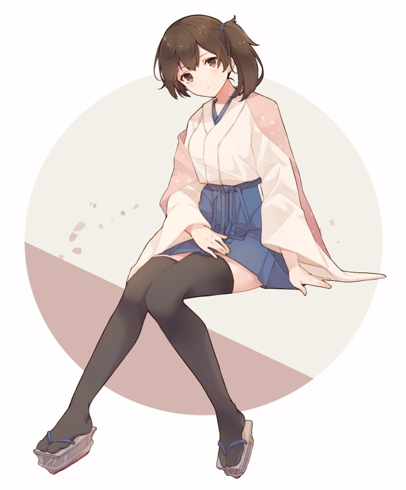 1girl adapted_costume black_legwear blue_hakama blush brown_eyes brown_hair closed_mouth full_body hair_between_eyes hakama hakama_skirt japanese_clothes kaga_(kancolle) kantai_collection long_hair long_sleeves rudder_footwear shakemi_(sake_mgmgmg) side_ponytail solo thigh-highs wide_sleeves