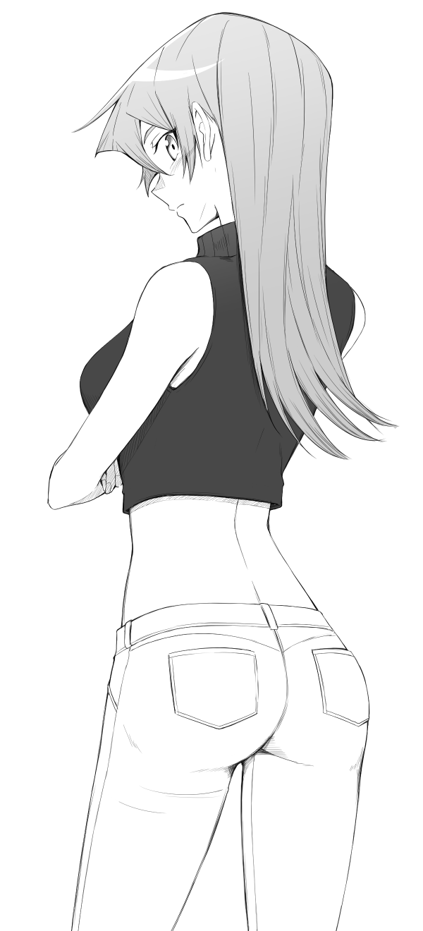 1girl ass cowboy_shot crop_top dress from_behind greyscale hair_between_eyes highres long_hair looking_at_viewer looking_back midriff monochrome pants rourou_ill simple_background sketch sleeveless_sweater solo standing straight_hair sweater sweater_dress tenjouin_asuka white_background yu-gi-oh! yu-gi-oh!_gx