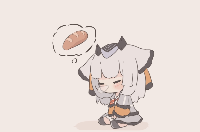 1girl arknights bangs black_footwear blush bread brown_background chibi closed_eyes dress food grey_jacket horns jacket kurotofu nose_bubble open_clothes open_jacket ptilopsis_(arknights) sitting solo spoken_food thought_bubble white_dress white_hair