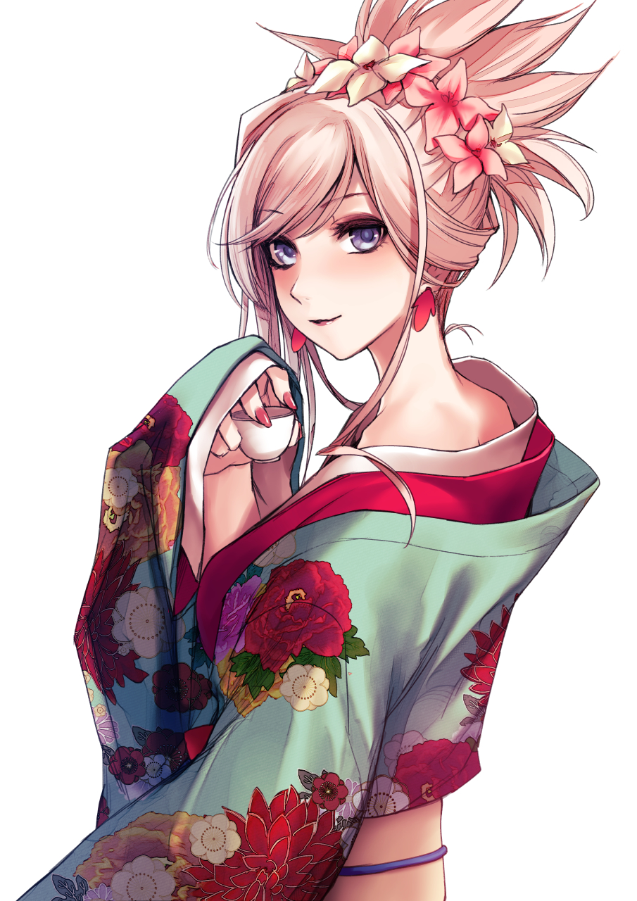 1girl applekun asymmetrical_hair bangs blue_eyes blue_kimono blush closed_mouth cup eyebrows_visible_through_hair fate/grand_order fate_(series) floral_print flower from_side hair_flower hair_ornament highres holding holding_cup japanese_clothes kimono long_hair long_sleeves looking_at_viewer looking_back miyamoto_musashi_(fate) nail_polish obi pink_flower pink_hair print_kimono red_nails sash simple_background sleeves_past_wrists smile solo swept_bangs tied_hair upper_body white_background white_flower yukata