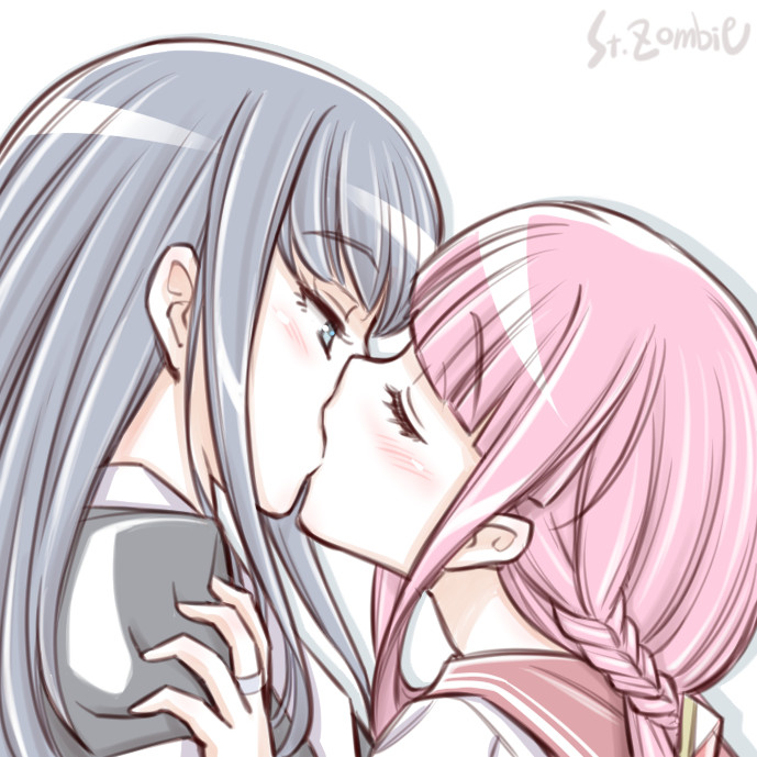 2girls artist_name bangs blue_eyes blue_hair blunt_bangs blush braid closed_eyes commentary_request eyebrows_visible_through_hair face-to-face from_side jewelry kiss long_hair looking_at_another magia_record:_mahou_shoujo_madoka_magica_gaiden mahou_shoujo_madoka_magica multiple_girls nanami_yachiyo pink_hair pink_sailor_collar ring sailor_collar sidelocks simple_background studiozombie tamaki_iroha upper_body white_background yuri