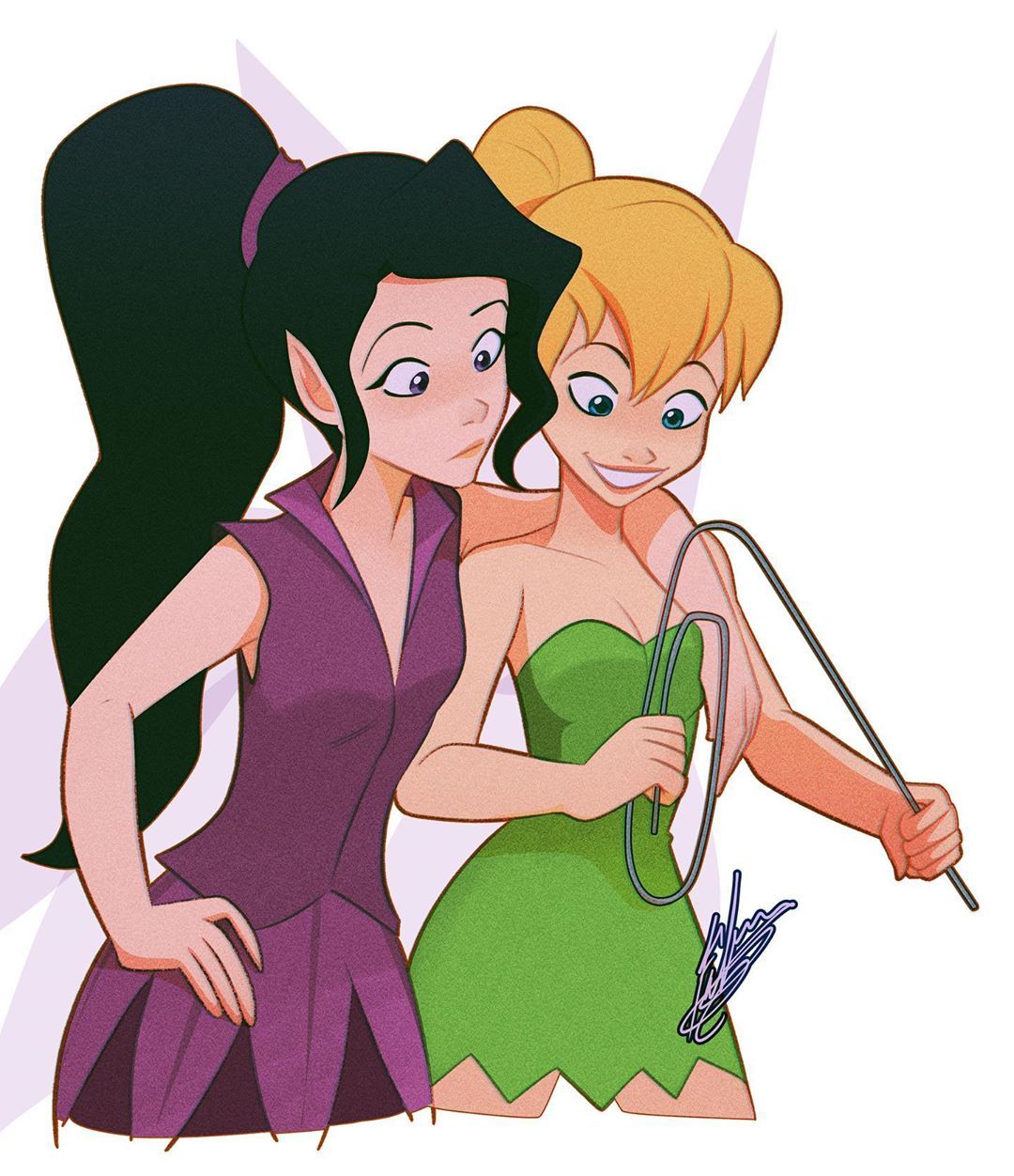 arm_around_shoulder arm_on_shoulder bangs black_hair blonde_hair blue_eyes bun cleavage curious disney_fairies fairy_wings green_dress hair_in_bun hairband hand_on_breast hand_on_hip leggings lesbians long_ponytail oversized_object paperclip pink_lips pixie pixie_hollow pointy_ears ponytail purple_leggings purple_shirt purple_skirt raised_eyebrows short_dress smile strapless_dress tinker_bell tinker_bell_(disney) tinkerbell tinkerbell_(disney) updo v-neck very_long_hair vidia vidia_(disney) vidia_(pixie_hollow) violet_eyes wings yuri
