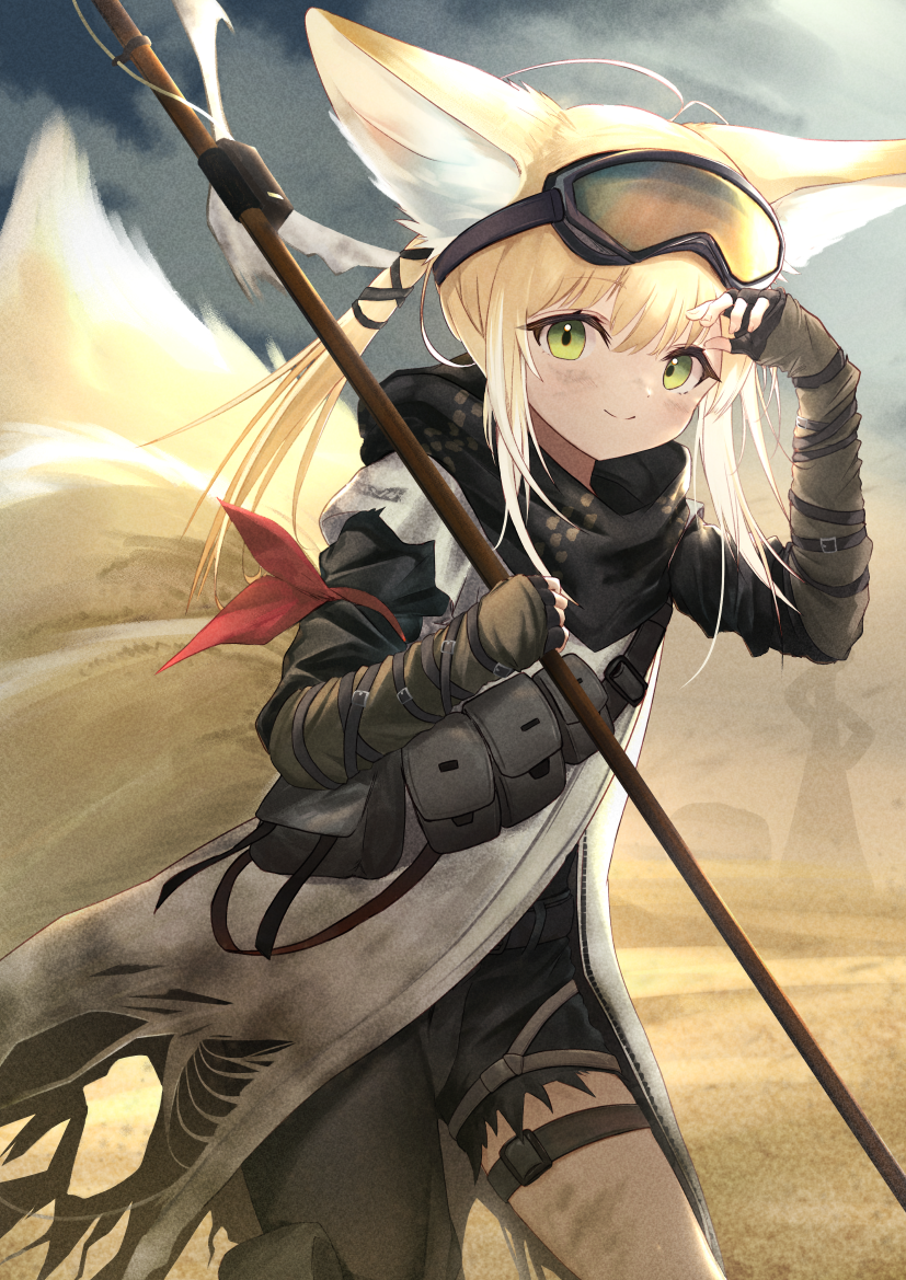 1girl animal_ears arknights arm_ribbon arm_up asymmetrical_clothes black_gloves black_pants blonde_hair closed_mouth cowboy_shot day desert dirty dirty_face fingerless_gloves fox_ears fox_girl fox_tail gloves green_eyes hand_on_forehead holding holding_staff long_hair looking_at_viewer multiple_tails nokke_o official_alternate_costume outdoors pants ponytail pouch red_ribbon ribbon single_pantsleg smile solo staff suzuran_(arknights) suzuran_(lostlands_flowering)_(arknights) tail thigh_strap torn_clothes