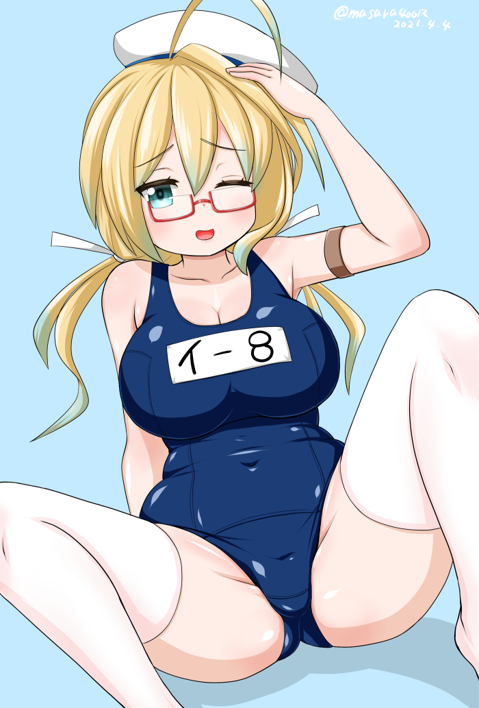 1girl ahoge blonde_hair blue_background blue_swimsuit breasts cowboy_shot dated glasses green_eyes hat i-8_(kancolle) kantai_collection large_breasts low_twintails masara_(chuujou) name_tag one_eye_closed peaked_cap red-framed_eyewear sailor_hat school_swimsuit semi-rimless_eyewear solo spread_legs swimsuit thigh-highs twintails twitter_username under-rim_eyewear white_legwear