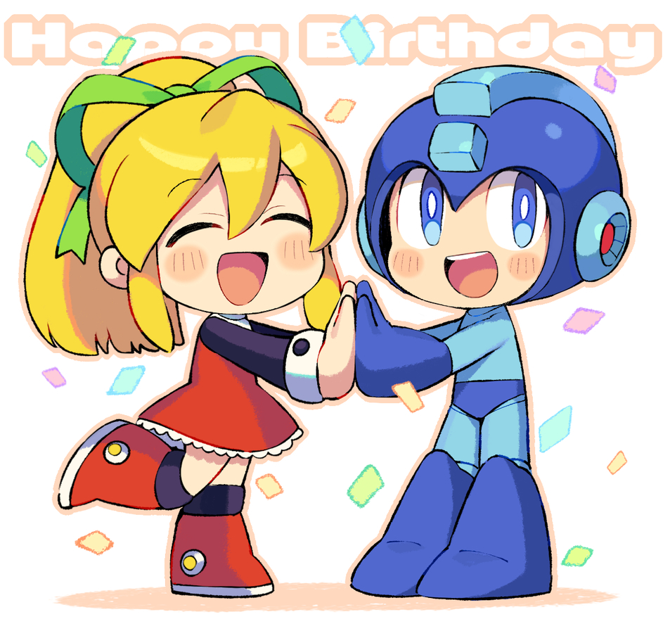 1boy 1girl :d ^_^ android blonde_hair blue_bodysuit blue_eyes blue_footwear blue_headwear bodysuit boots chibi closed_eyes commentary_request confetti dress english_text eyebrows_visible_through_hair full_body green_ribbon hair_between_eyes hair_ribbon hands_together happy happy_birthday helmet iroyopon long_hair long_sleeves looking_at_viewer mega_man_(character) mega_man_(classic) mega_man_(series) open_mouth ponytail red_dress red_footwear ribbon roll_(mega_man) smile standing upper_teeth white_background