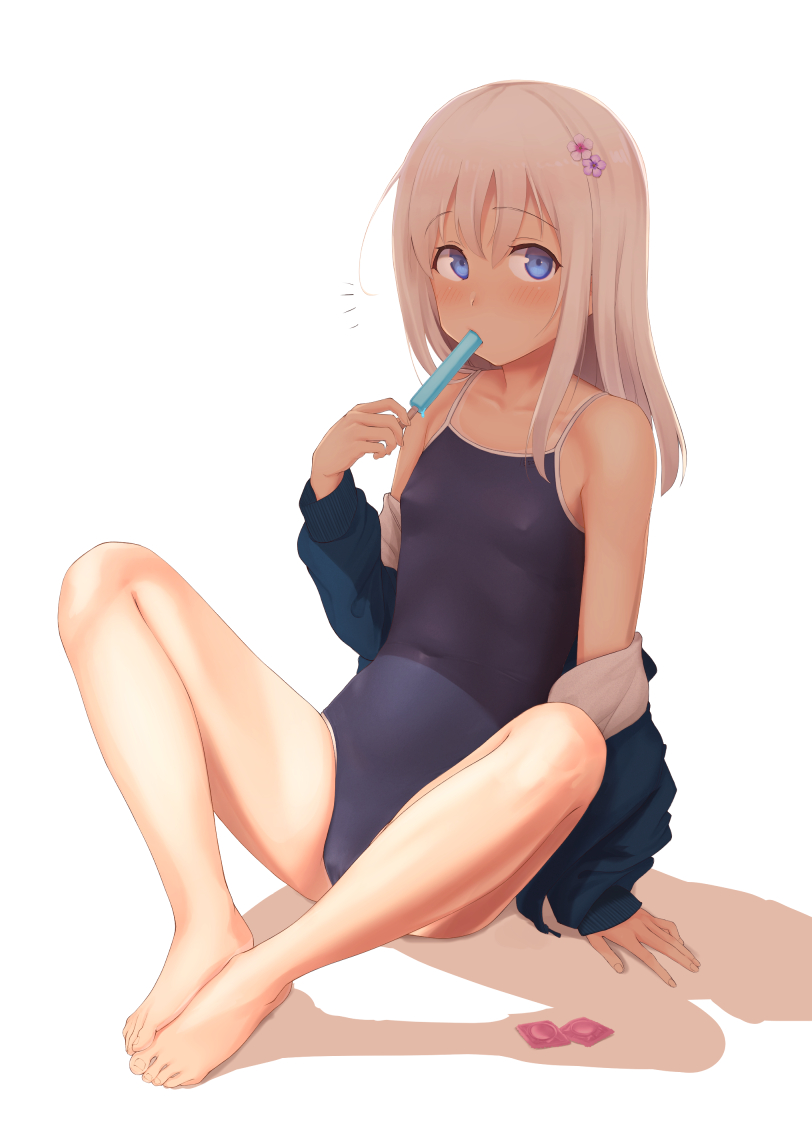 1girl alternate_costume bare_legs barefoot black_swimsuit blue_eyes blush breasts collarbone commentary_request competition_school_swimsuit eating eyebrows_visible_through_hair flower food full_body hair_flower hair_ornament jacket kantai_collection long_hair long_sleeves looking_at_viewer moose_(moosemitchell2) off_shoulder one-piece_swimsuit one-piece_tan popsicle ro-500_(kancolle) school_swimsuit simple_background sitting small_breasts solo spread_legs striped swimsuit swimsuit_under_clothes tan tanline white_background white_hair