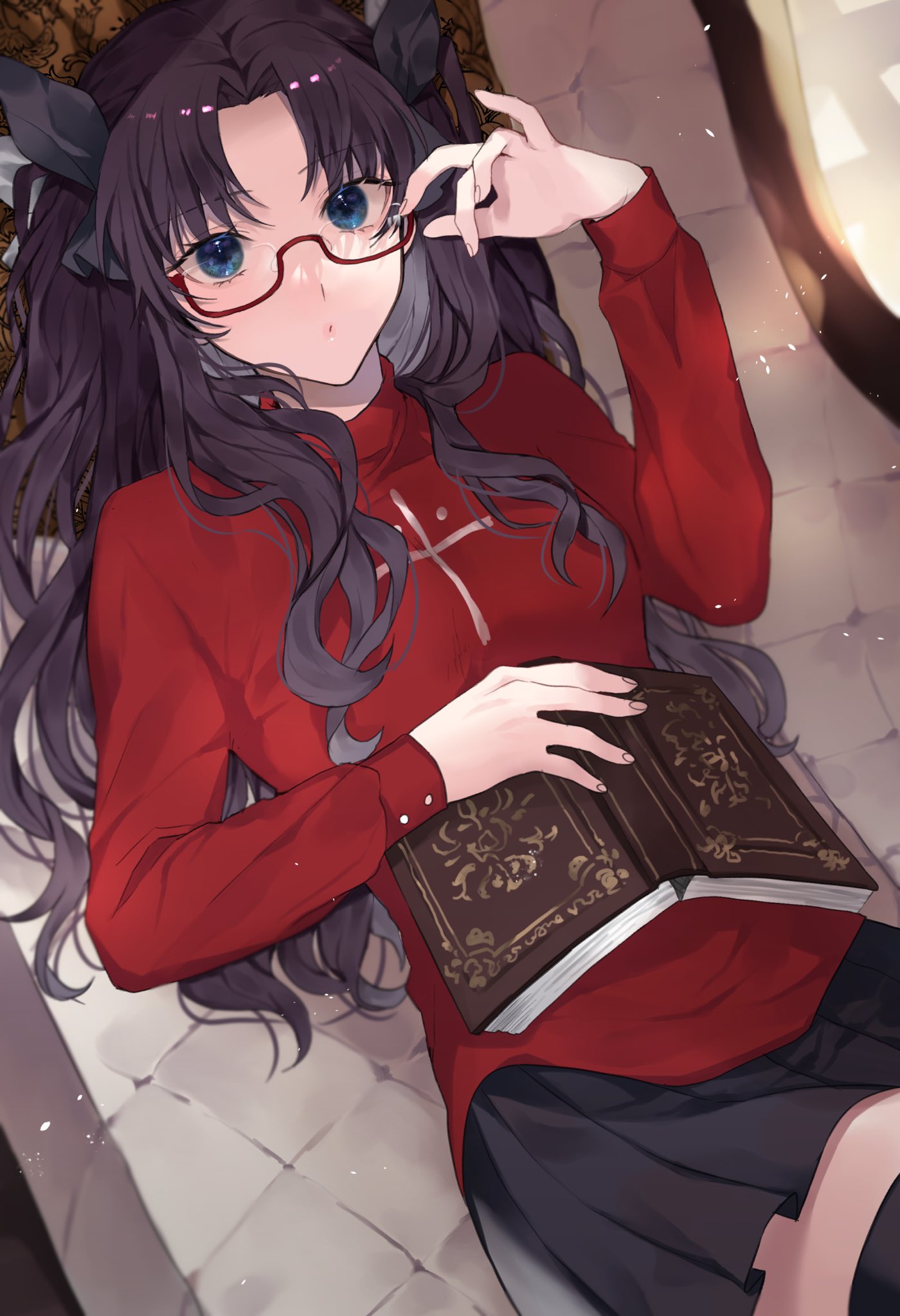 1girl adjusting_eyewear bangs bespectacled black_hair black_legwear black_ribbon black_skirt blue_eyes book breasts closed_mouth commentary_request couch cowboy_shot eyebrows_visible_through_hair fate/stay_night fate_(series) glasses hair_ribbon highres holding long_hair long_sleeves looking_at_viewer lying medium_breasts miniskirt on_back pale_skin parted_bangs pleated_skirt red_sweater ribbon semi-rimless_eyewear shimatori_(sanyyyy) shiny shiny_hair skirt solo sweater thigh-highs tohsaka_rin two_side_up under-rim_eyewear