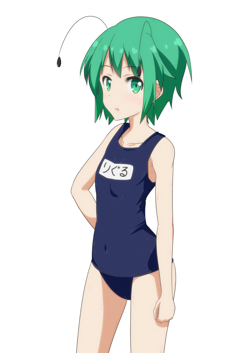 1girl antennae bare_arms bare_shoulders blue_swimsuit cato_(monocatienus) collarbone commentary_request covered_navel cowboy_shot green_eyes green_hair hand_on_hip highres looking_at_viewer name_tag old_school_swimsuit open_mouth school_swimsuit short_hair simple_background solo swimsuit touhou white_background wriggle_nightbug