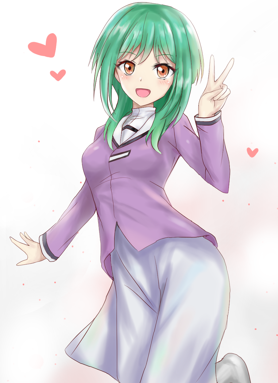 1girl :d anjou_tokoha blush breasts cardfight!!_vanguard_g commentary_request cowboy_shot eyebrows_visible_through_hair green_hair heart highres leg_up long_hair looking_at_viewer medium_breasts open_mouth orange_eyes r-binon simple_background smile solo standing standing_on_one_leg v
