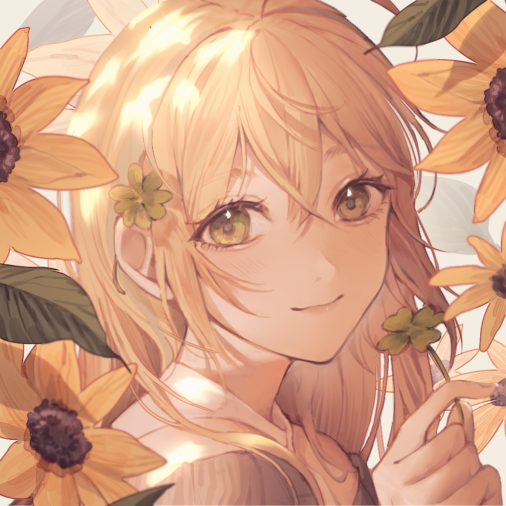 1girl bangs blonde_hair brown_jacket chinese_commentary close-up clover commentary_request eyelashes flower four-leaf_clover green_eyes grey_background hair_between_eyes hand_up holding holding_flower jacket kuiqiu_kq long_hair looking_at_viewer original portrait shirt simple_background sunflower white_shirt