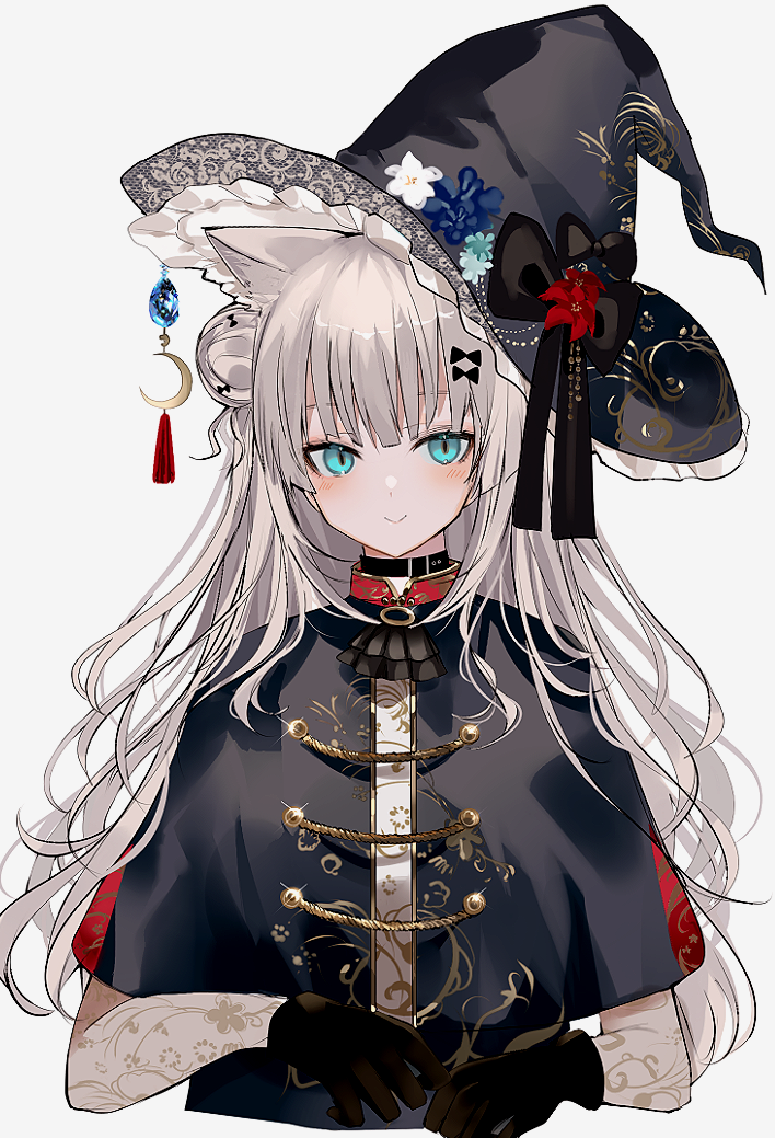 1girl animal_ear_fluff animal_ears ascot bangs black_coat black_gloves black_headwear black_neckwear blue_eyes bow brooch cat_ears chiemo_(xcem) choker coat crescent crescent_hat_ornament flower frilled_hat frills gloves grey_hair hair_bun hat hat_bow hat_flower hat_ornament jewelry long_hair looking_at_viewer original simple_background smile solo toggles upper_body white_background witch witch_hat